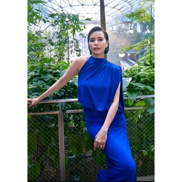 Zara Draped Cape Dress Maxi Blue NWT - Picture 6 of 16